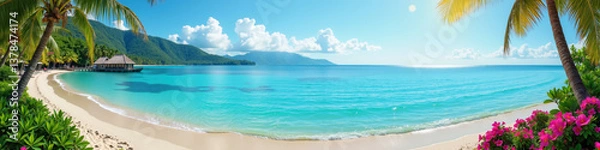 Fototapeta A stunning tropical beach with clear turquoise waters, white sand, and lush greenery, surrounded by tall palm trees and vibrant flowers.