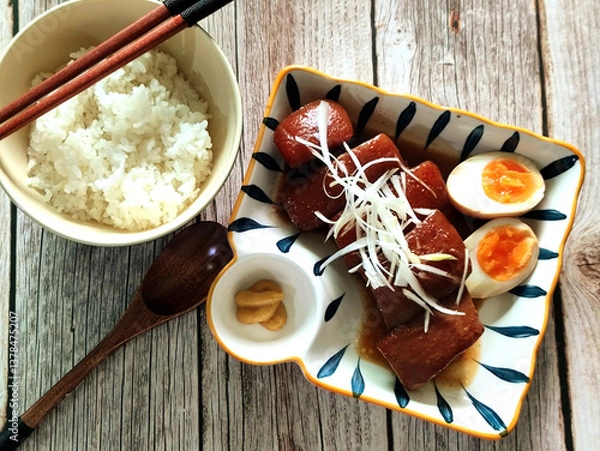 Fototapeta Japanese-style stewed pork belly with boiled eggs