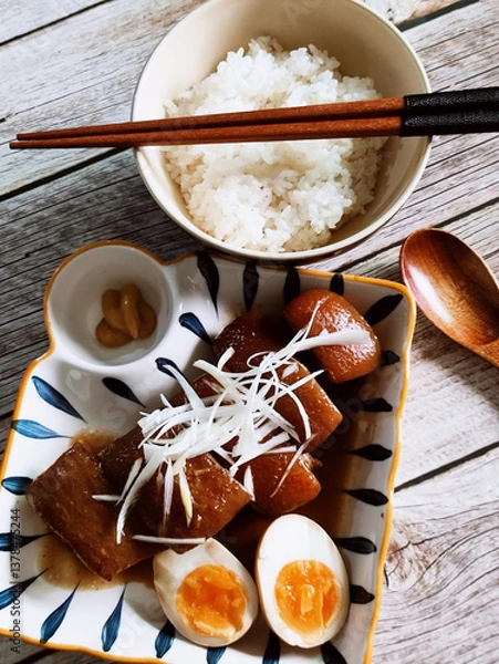 Fototapeta Japanese-style stewed pork belly with boiled eggs