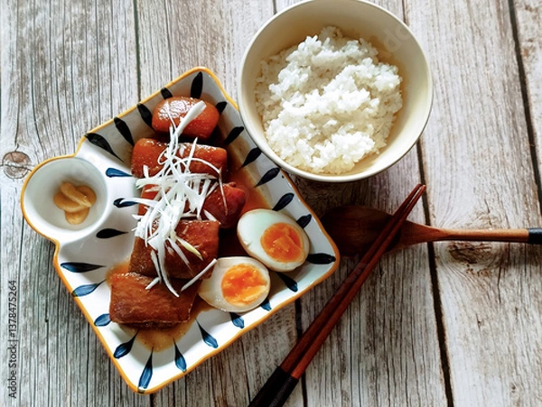 Fototapeta Japanese-style stewed pork belly with boiled eggs