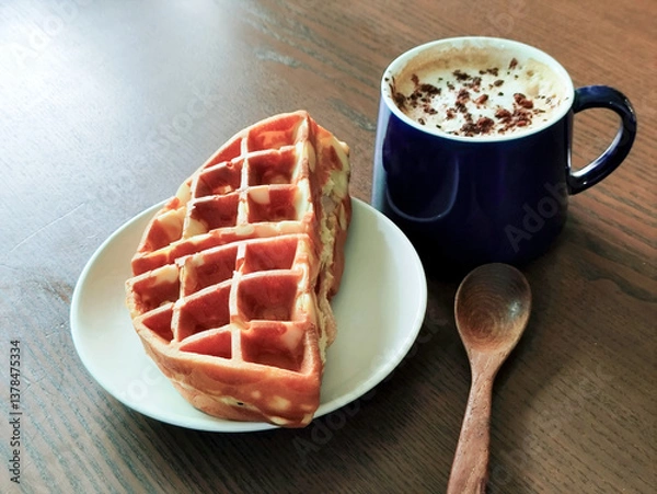 Fototapeta Hot cocoa with ham and cheese waffles