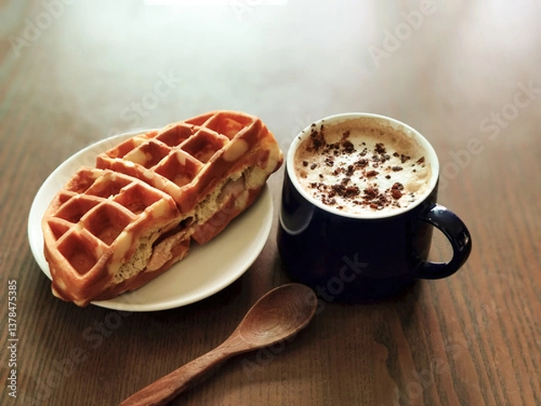 Fototapeta Hot cocoa with ham and cheese waffles