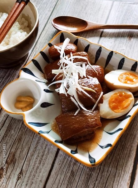 Fototapeta Japanese-style stewed pork belly with boiled eggs