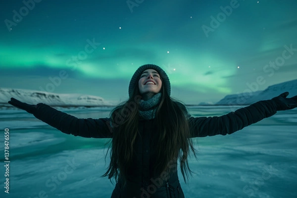 Obraz A woman standing on icy terrain, with the Aurora Borealis glowing in the dark Icelandic sky over a frozen lake