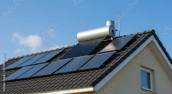Obraz Solar water heater installed roof blue sky,Solar water heaters gleaming under the sun on a modern rooftop, showcasing a sustainable and eco-friendly approach to household energy needs