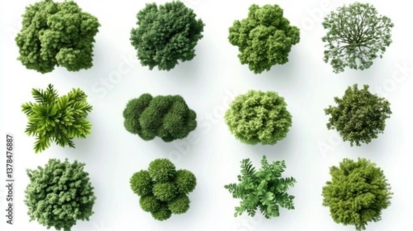 Fototapeta Set of diverse top view trees, cutout on white background. Variety of green foliage, botanical forms. Ideal for landscaping designs, architecture visualizations, nature eco projects