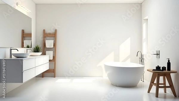 Fototapeta Modern minimalist bathroom with a freestanding oval bathtub, vessel sinks, and sleek cabinetry. White color palette, natural wood accents, and soft lighting create a bright, serene, and airy atmospher