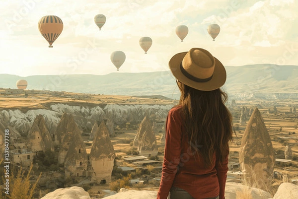 Obraz A long-haired woman wearing a hat standing with her back turned , half body standing on rocky terrain, with hot air balloons floating above the unique fairy chimneys of Cappadocia, Turkey 