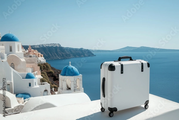 Obraz  A minimalist white suitcase with black handles, placed on a whitewashed rooftop in Santorini, Greece, overlooking the deep blue Aegean Sea and iconic blue domes under clear skies. -