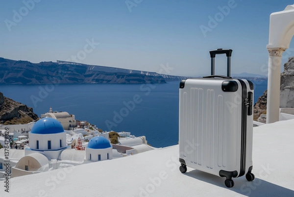 Obraz  A minimalist white suitcase with black handles, placed on a whitewashed rooftop in Santorini, Greece, overlooking the deep blue Aegean Sea and iconic blue domes under clear skies. -