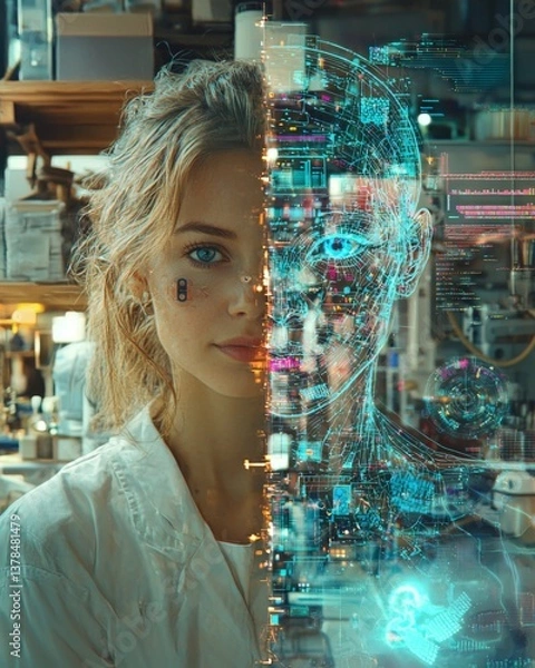 Obraz A conceptual split-screen image; one half shows a female human in a workshop, and the other half shows a holographic virtual female in a modern digital lab with AI interfaces and data streams.