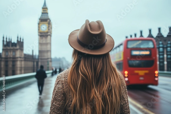 Obraz , A photo of A long-haired woman wearing a hat standing near a London train platform, with Big Ben and a classic red double-decker bus in the background. 
