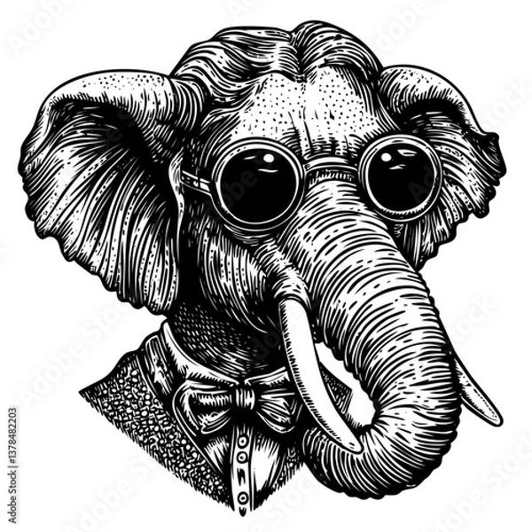 Obraz Elephant gentleman character in sunglasses, black and white engraving vintage illustration