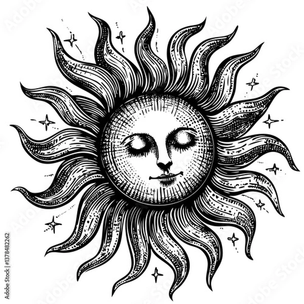 Obraz Sun character with face, medieval style astrology illustration, black and white vintage engraving