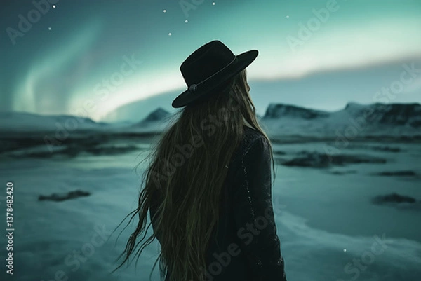 Obraz A photo of A long-haired woman wearing a warm hat standing on icy terrain, with the Aurora Borealis glowing in the dark Icelandic sky over a frozen lake.