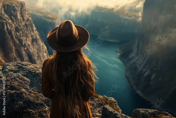 Obraz , A photo of A long-haired woman with a hat standing with her back turned standing on a rocky cliff’s edge, with a breathtaking view of Norway’s deep blue fjords and towering cliffs bathed in golden l