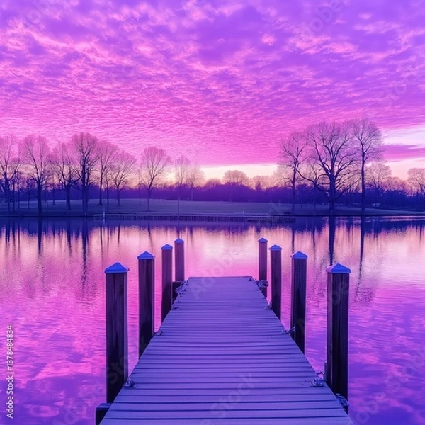 Obraz Tranquil Lakeside Sunset Scene: Peaceful Wooden Dock Reflections at Dusk