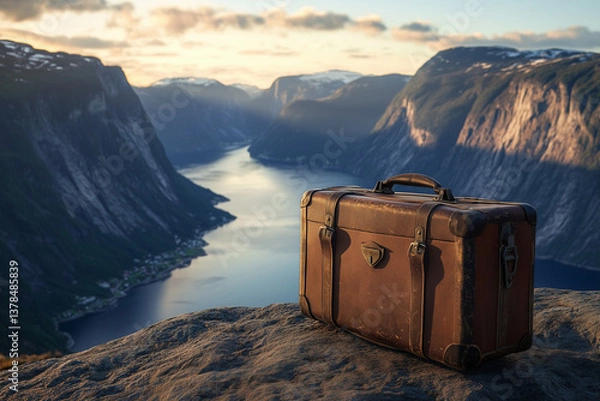 Obraz A rugged, weathered travel suitcase placed on a rocky cliff’s edge, with a breathtaking view of Norway’s deep blue fjords and towering cliffs bathed