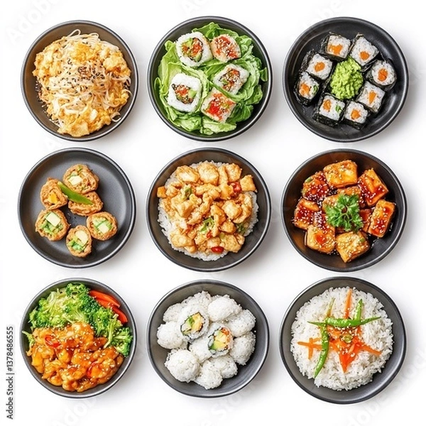 Obraz Set of plates of asian meals on white background, top view 