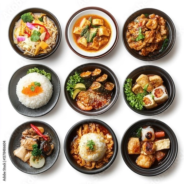 Obraz Set of plates of asian meals on white background, top view 