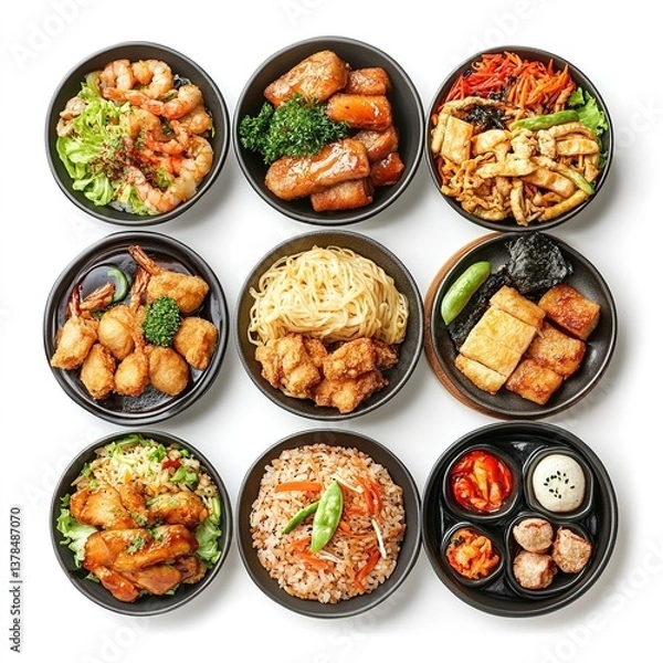 Obraz Set of plates of asian meals on white background, top view 