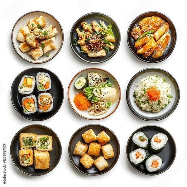 Obraz Set of plates of asian meals on white background, top view 