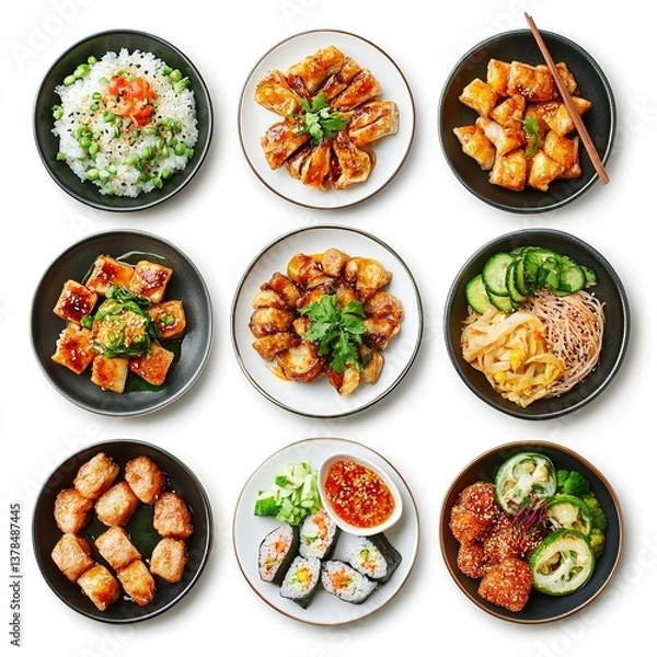 Obraz Set of plates of asian meals on white background, top view 
