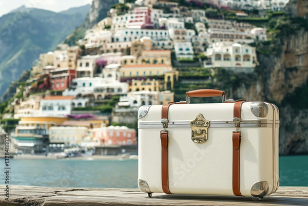 Obraz A stylish white suitcase with leather straps, standing on a wooden pier with pastel-colored coastal houses of Positano, Italy, cascading down the cliffs in the background