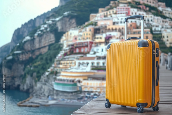 Obraz A stylish white suitcase with leather straps, standing on a wooden pier with pastel-colored coastal houses of Positano, Italy, cascading down the cliffs in the background