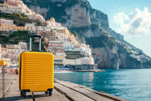 Obraz A stylish white suitcase with leather straps, standing on a wooden pier with pastel-colored coastal houses of Positano, Italy, cascading down the cliffs in the background