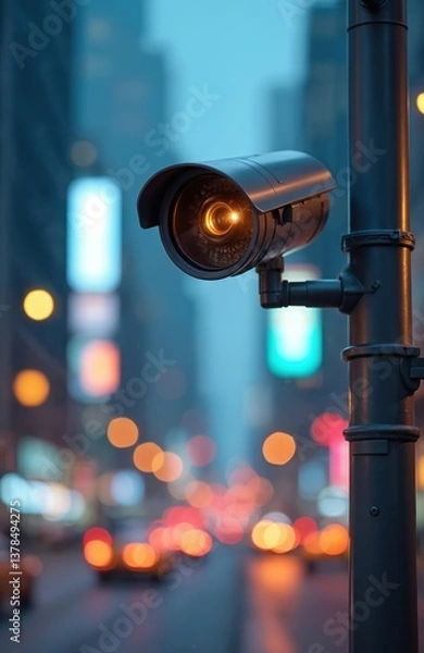 Fototapeta City street security camera surveillance system designed motion face identity detection. Modern cctv camera on blurred background, city lights, traffic. Surveillance, protection tech. Security,