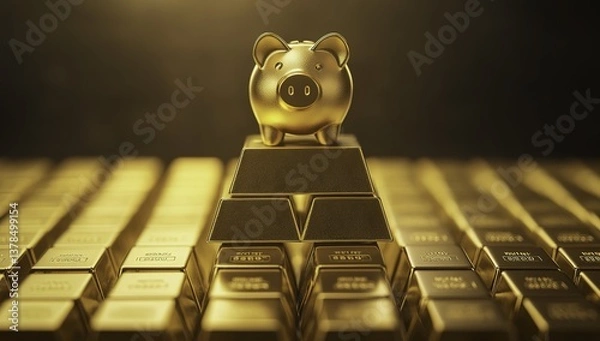 Fototapeta Stacked gold bars with a piggy bank on top, set against a shimmering golden background