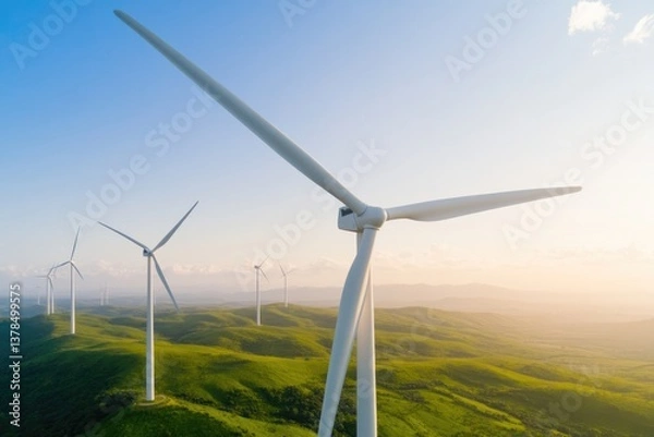 Fototapeta Wind turbines stand tall against serene landscape, symbolizing r