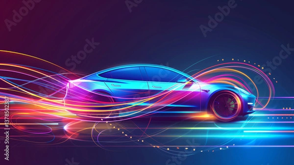 Fototapeta A modern electric car, with flowing, multicolored lines that give it an energetic, forward-moving feel.