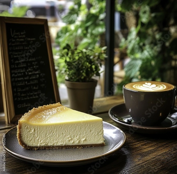 Fototapeta A slice of New York-style cheesecake on an elegant plate beside a cup of coffee in a cozy café with soft lighting, green plants