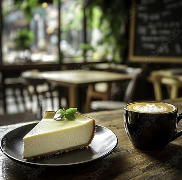 Fototapeta A slice of New York-style cheesecake on an elegant plate beside a cup of coffee in a cozy café with soft lighting, green plants