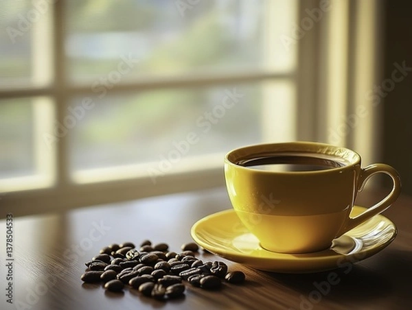Fototapeta A vibrant yellow coffee cup with saucer placed on a wooden tabletop