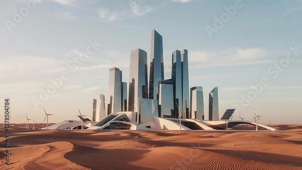 Obraz The image shows a futuristic city located in a desert landscape, featuring modern skyscrapers and wind turbines for electricity.