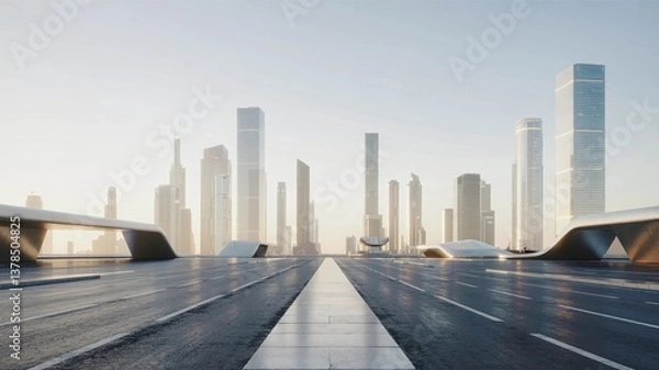 Obraz The image shows a view of a futuristic city with modern skyscrapers and clean roads.