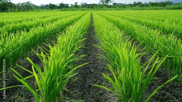 Fototapeta Rows of rice plants in a terraced field