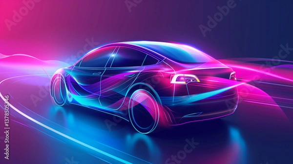 Fototapeta A modern electric car, with flowing, multicolored lines that give it an energetic, forward-moving feel.
