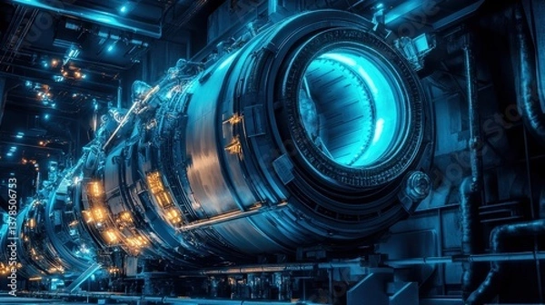 Obraz Spaceship glides through a star-filled galaxy with vibrant blue and white light effects, showcasing interstellar travel