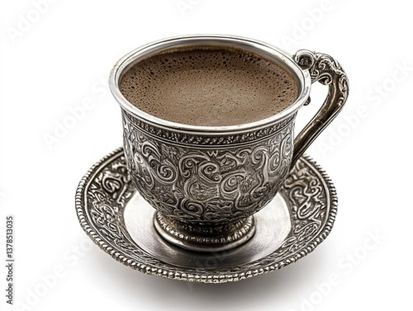 Fototapeta Vintage silver coffee cup with intricate patterns