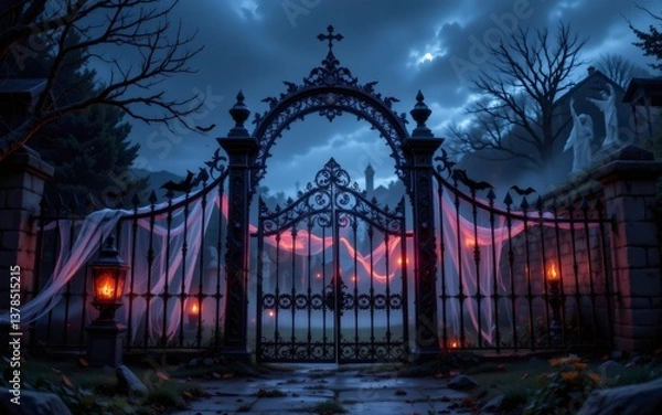 Fototapeta A misty, eerie graveyard gate adorned with draped fabric and glowing lanterns under a dark sky