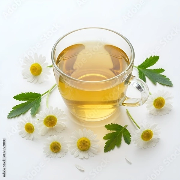 Fototapeta Soothing Chamomile Tea in Clear Glass Cup Surrounded by Fresh Chamomile Flowers and Leaves on White Background, Ideal for Wellness and Relaxation Concepts