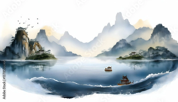 Fototapeta 3D rendering watercolor illustration painting background, floating ocean landscapes and mountrain range.