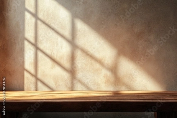 Obraz Empty wooden tabletop, sunlight through window casts shadow on beige wall