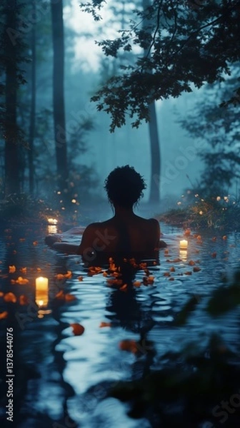 Obraz A Serene Floating Candlelit Massage Sanctuary: A Woman's Relaxing Ritual in a Mystical Forest Pool, Illuminated by Warm Light and Petal-Strewn Waters