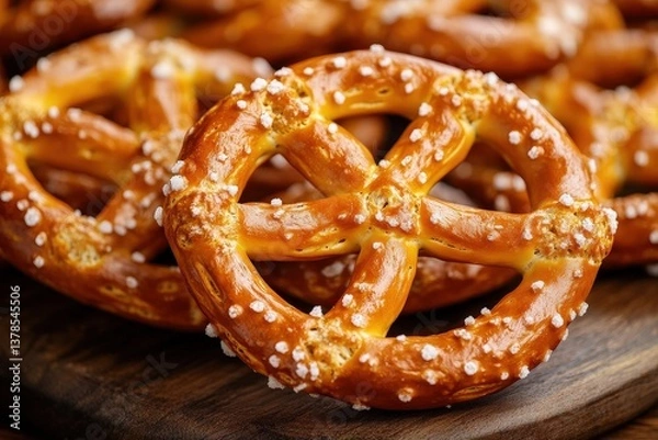Fototapeta Warm, golden pretzel perfection. A close-up showcasing its soft texture against a rustic wooden board. Delicious detail!