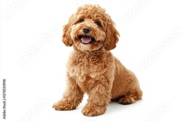 Fototapeta Adorable golden doodle dog sitting isolated on white background pet photography studio environment